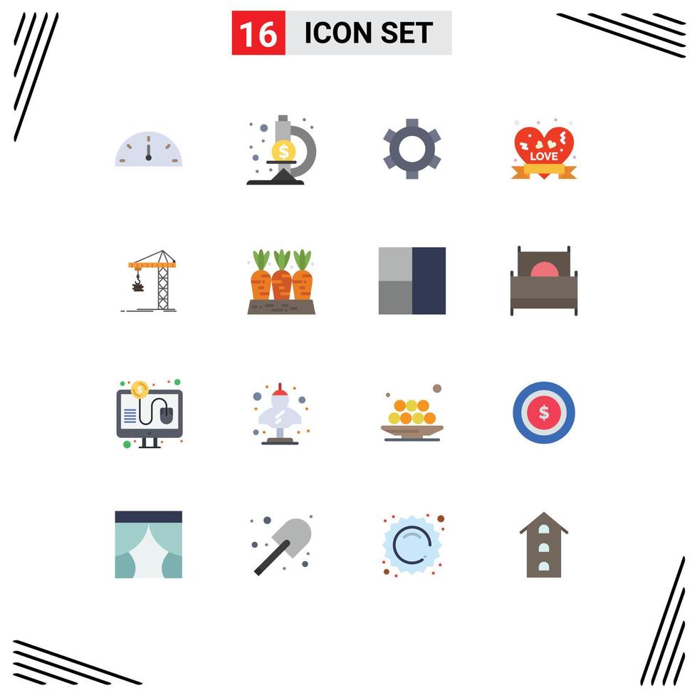Modern Set of 16 Flat Colors and symbols such as constructing building setting crane love badge Editable Pack of Creative Vector Design Elements