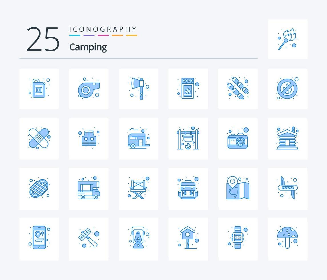 Camping 25 Blue Color icon pack including no. sweet. tomahawk. marshmallow. stick vector