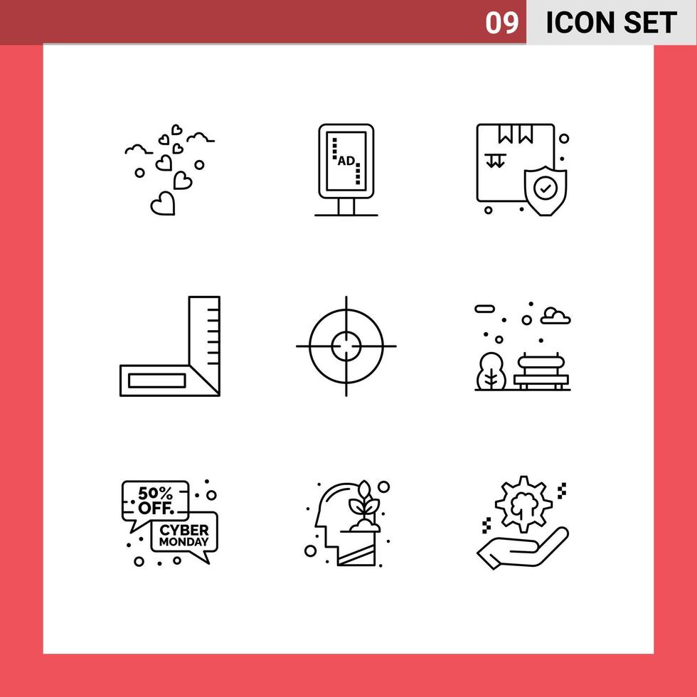 Pack of 9 Modern Outlines Signs and Symbols for Web Print Media such as target aim shop engineering carpenter Editable Vector Design Elements