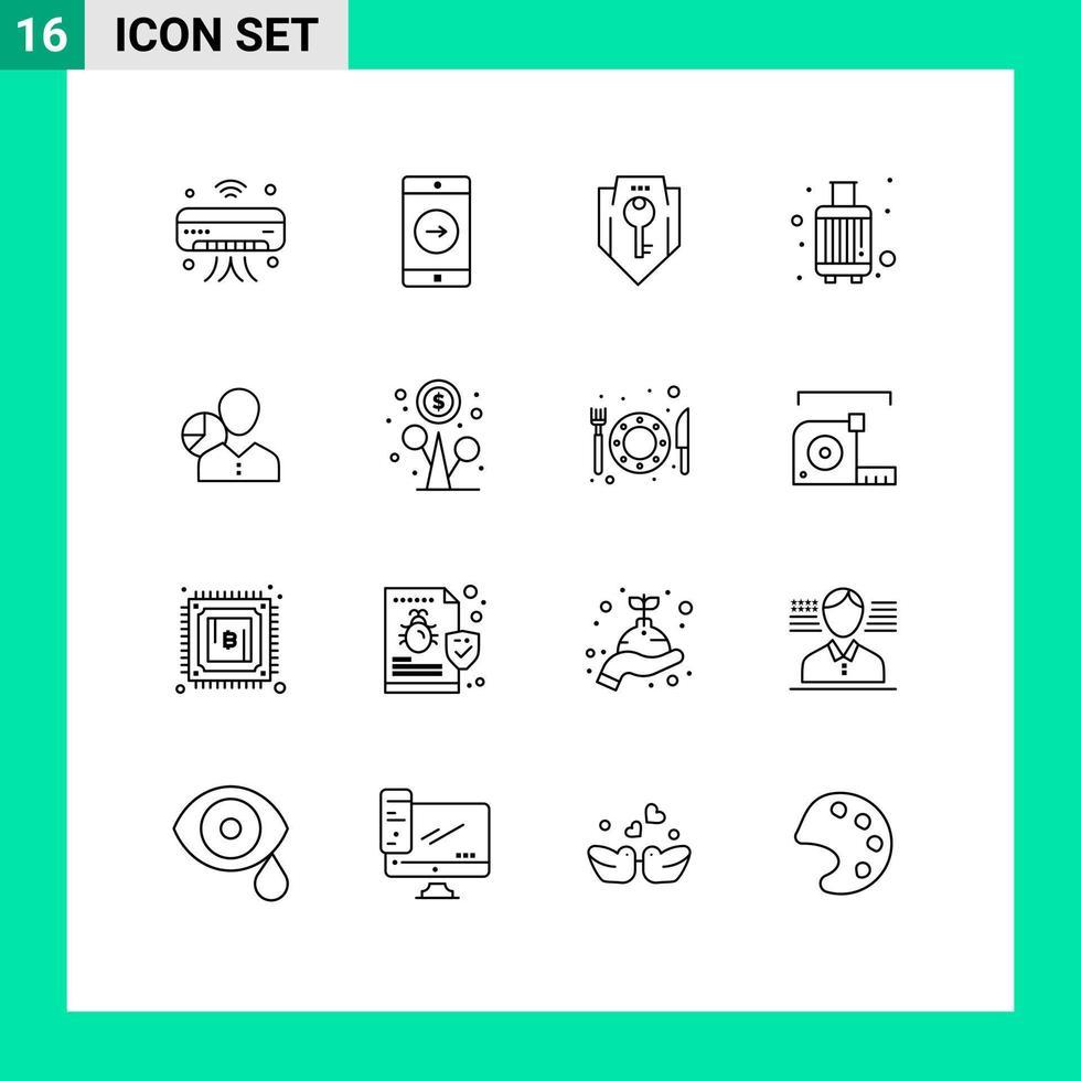 Outline Pack of 16 Universal Symbols of suitcase case mobile application baggage security Editable Vector Design Elements