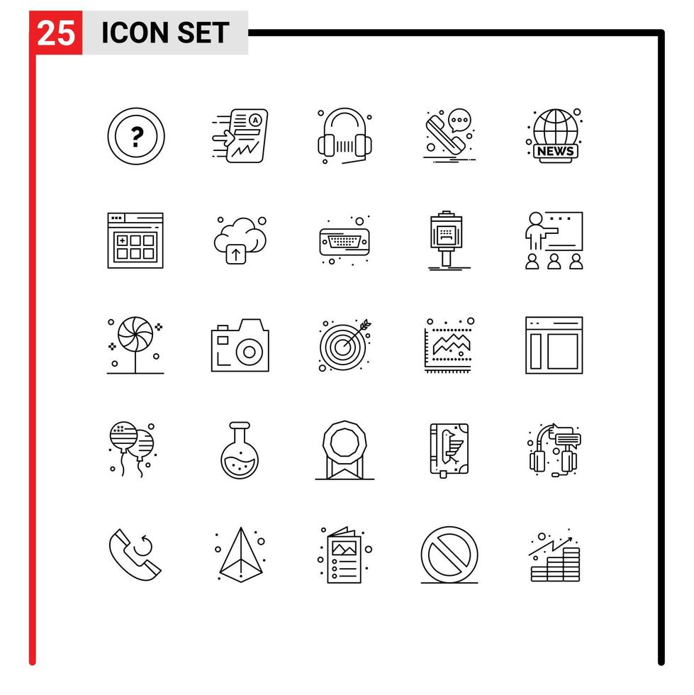 25 Universal Lines Set for Web and Mobile Applications sms message progress song service Editable Vector Design Elements