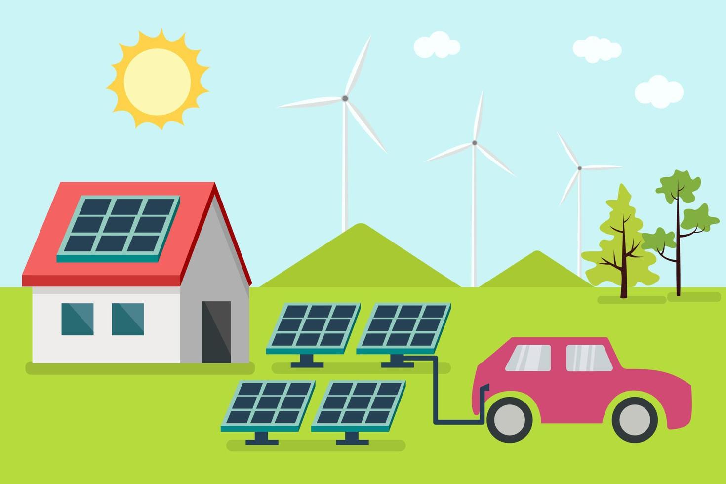 solar cells on the roof with wind turbines generating electricity in hybrid power plant systems station. alternative renewable energy from nature Ecology concept. vector