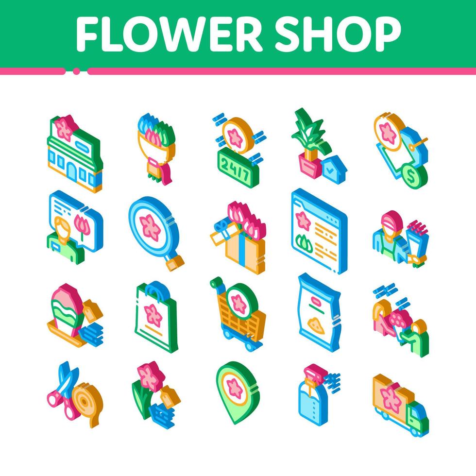 tienda de flores boutique iconos isométricos establecer vector