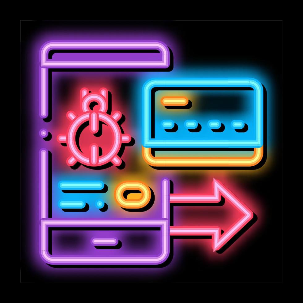 Virus on Phone and Credit Card neon glow icon illustration vector