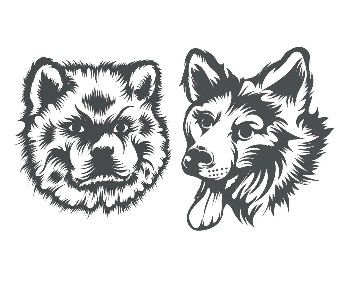 ilustración de cara de perro akita, silueta de cara de perro en blanco y negro vector