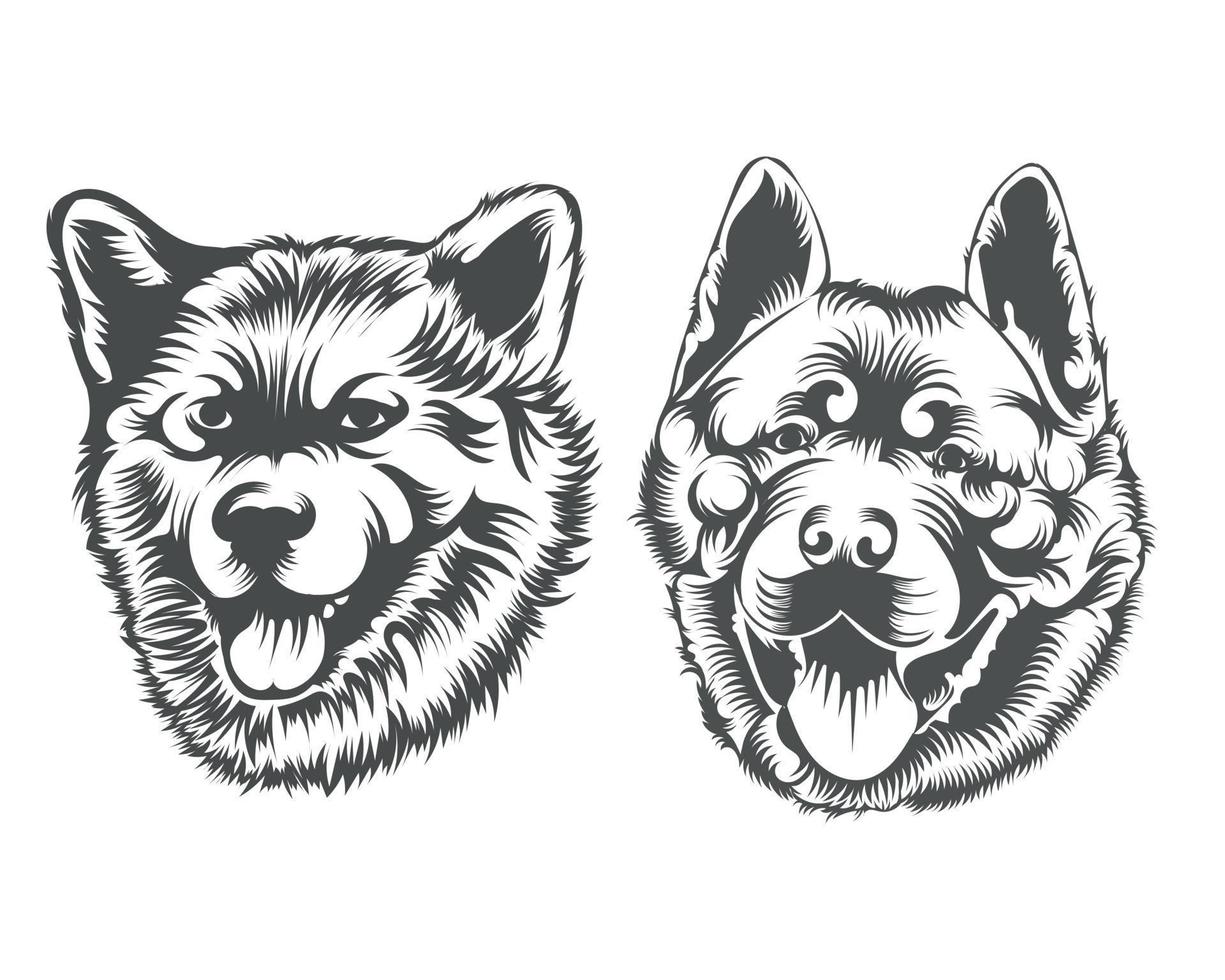 ilustración de cara de perro akita, silueta de cara de perro en blanco y negro vector