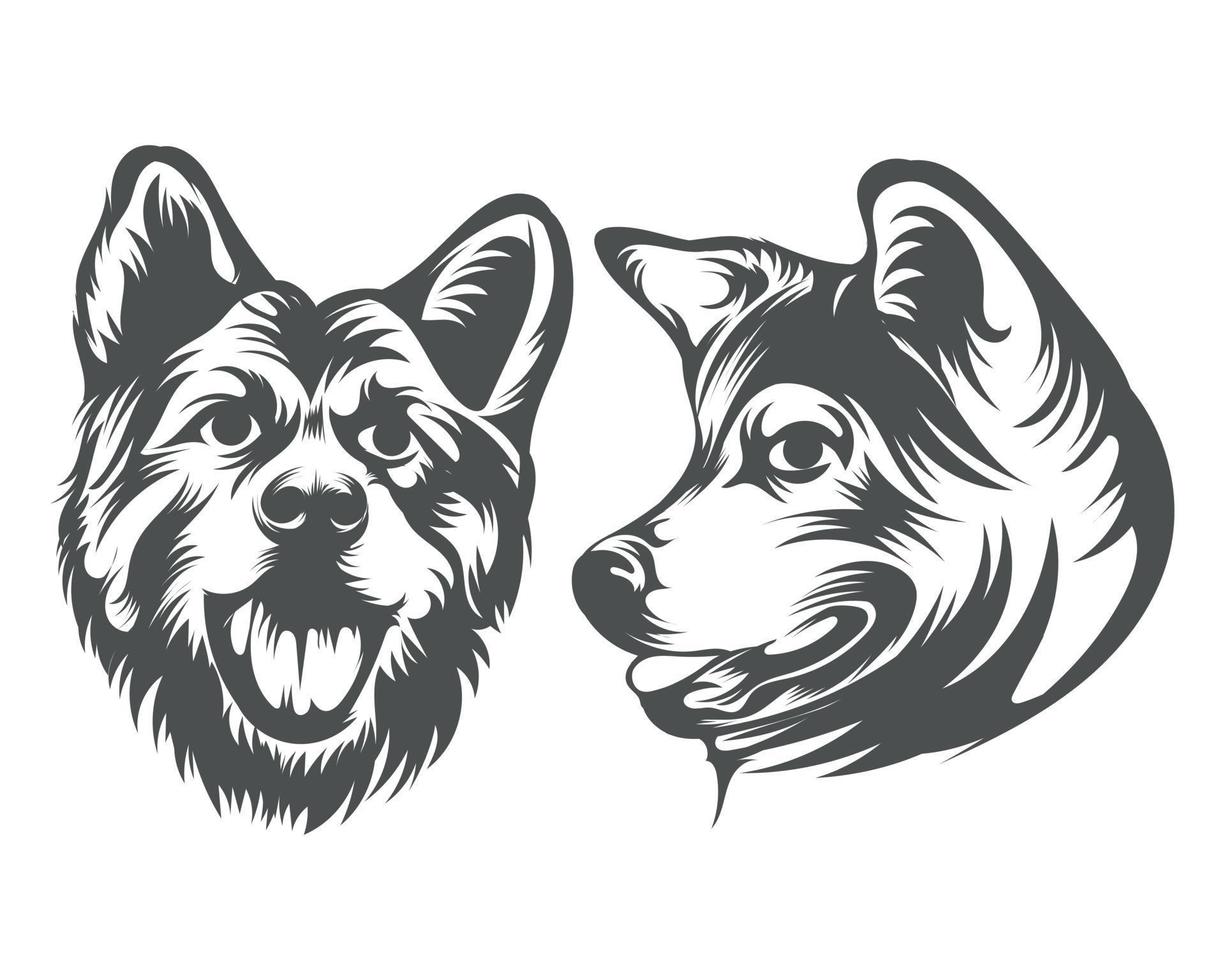 ilustración de cara de perro akita, silueta de cara de perro en blanco y negro vector