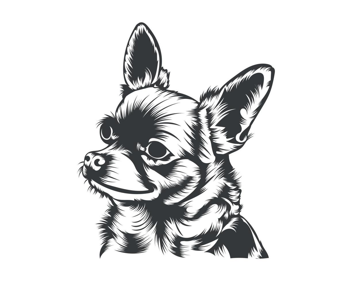 Chihuahua Dog Back and White Vector Silhouette, Dog Face Illustration