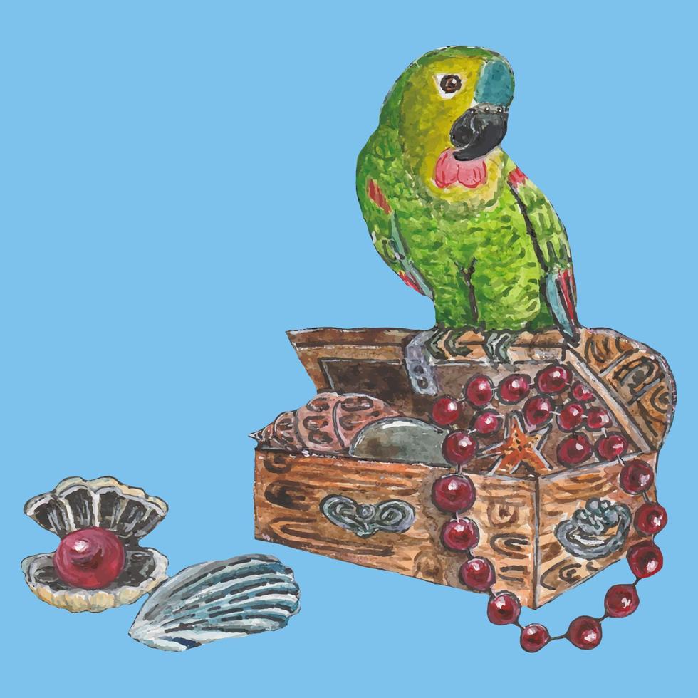 green budgerigar sits on a treasure chest vector