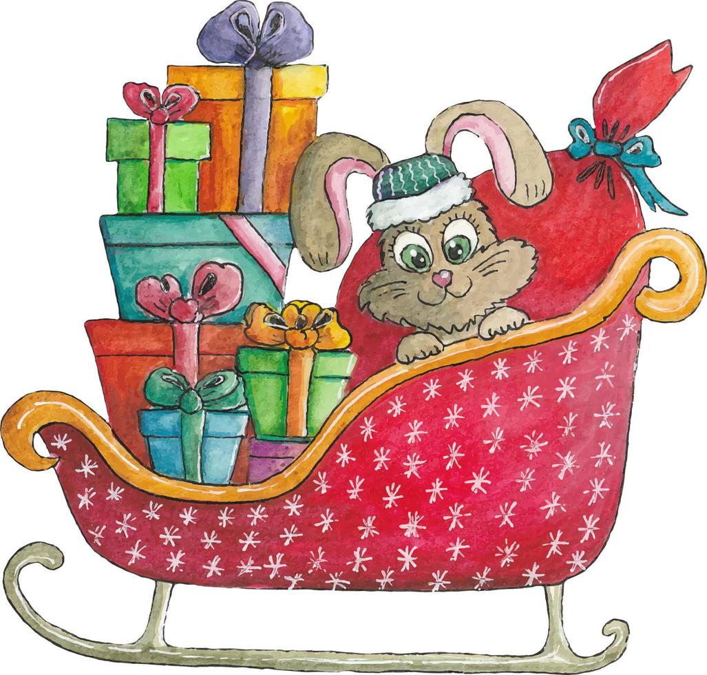 sleigh with christmas gifts and hare vector