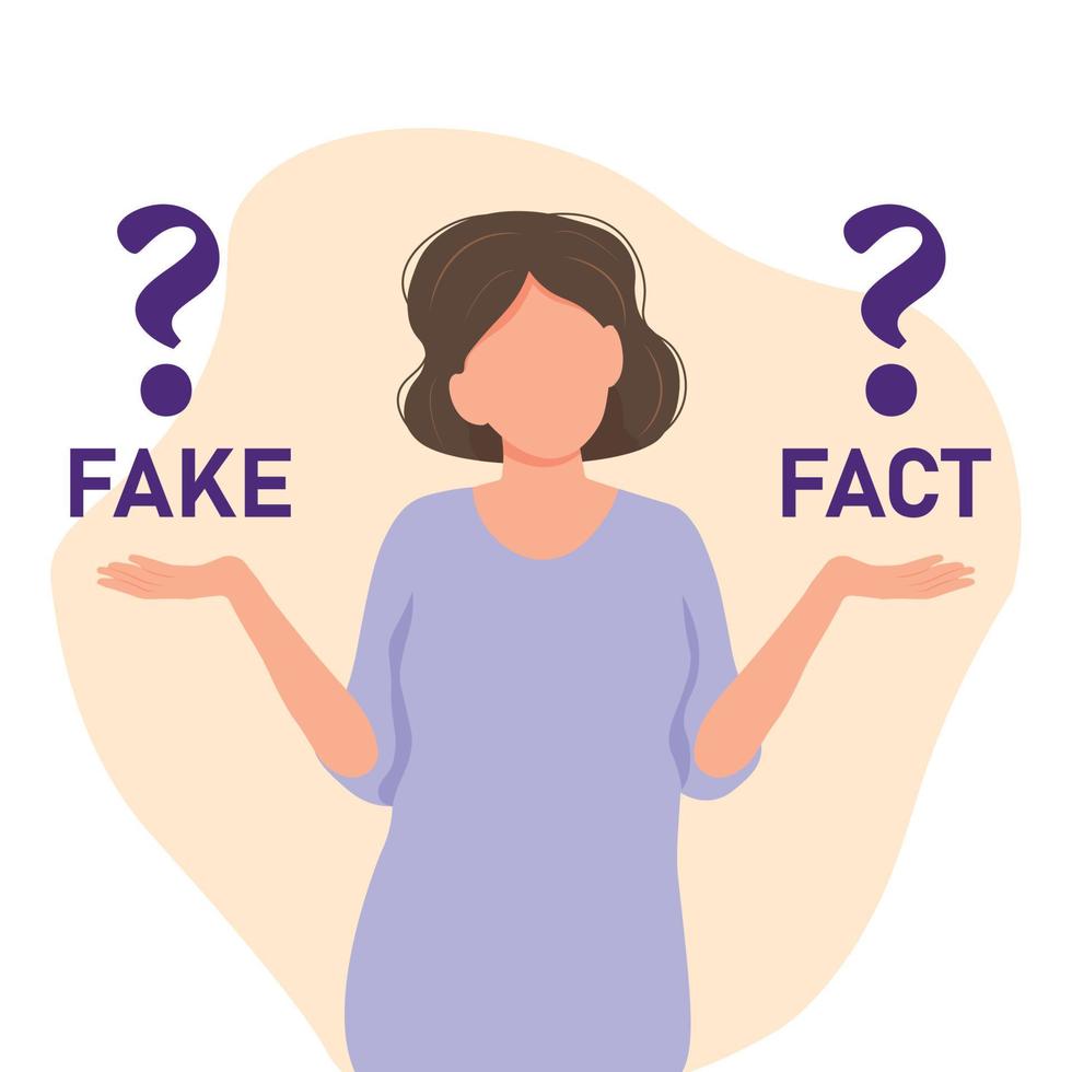 Woman shrugging with a curious expression and trying to choose between fake and fact, doubt or question vector