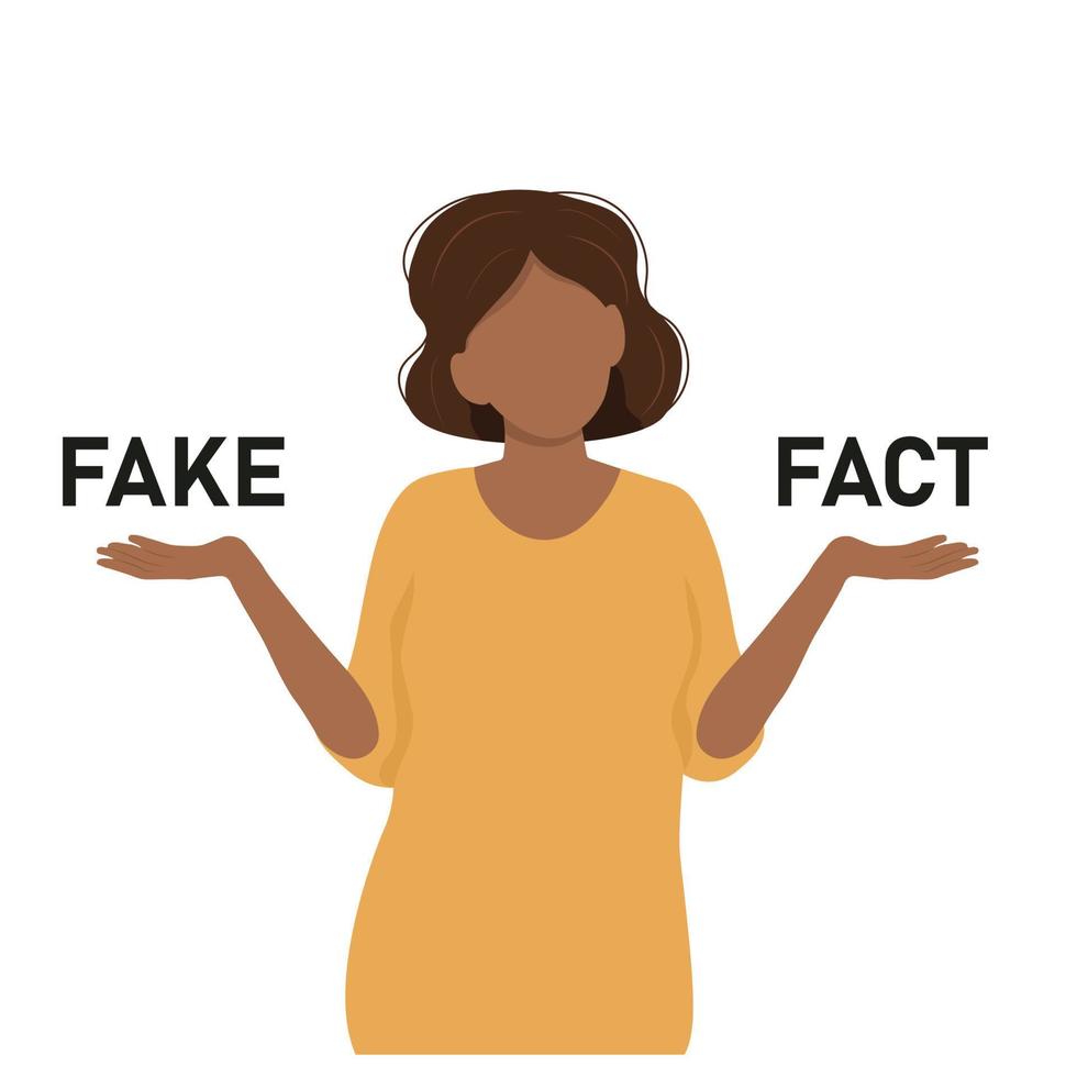 Black woman shrugging with a curious expression and trying to choose between fake and fact, doubt or question vector