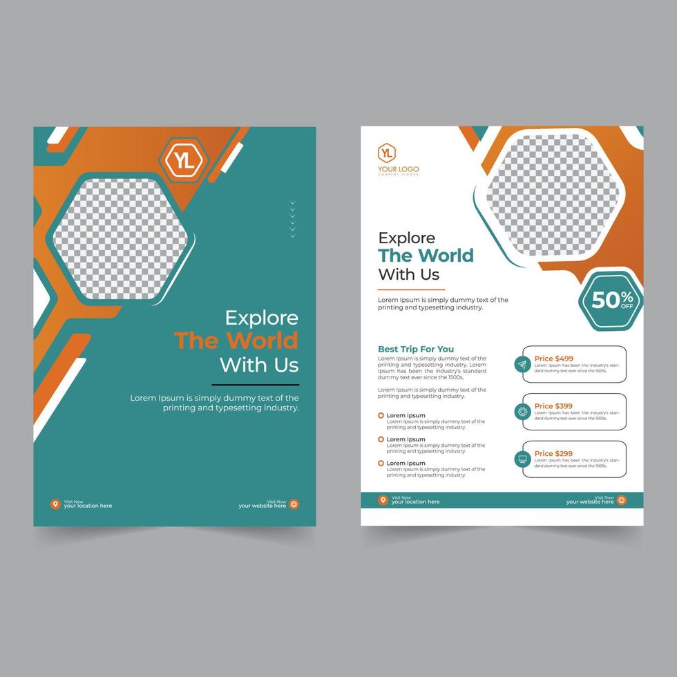 Travel flyer and brochure cover design business flyer template geometric shape poster design magazine background space for photo vector