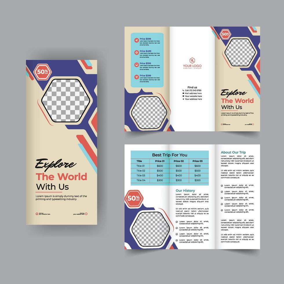Travel trifold brochure annual report cover, business tri fold corporate brochure cover or flyer design. Leaflet presentation. Catalog with Abstract geometric background. Modern template vector