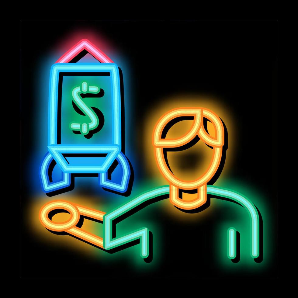 ilustración de icono de resplandor de neón de cohete de dinero de espectáculo humano vector