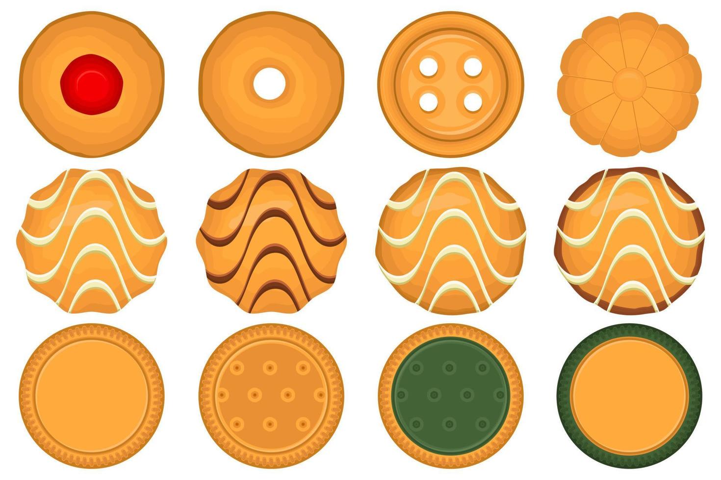 gran juego de galletas caseras de diferentes sabores en galletas de pastelería vector