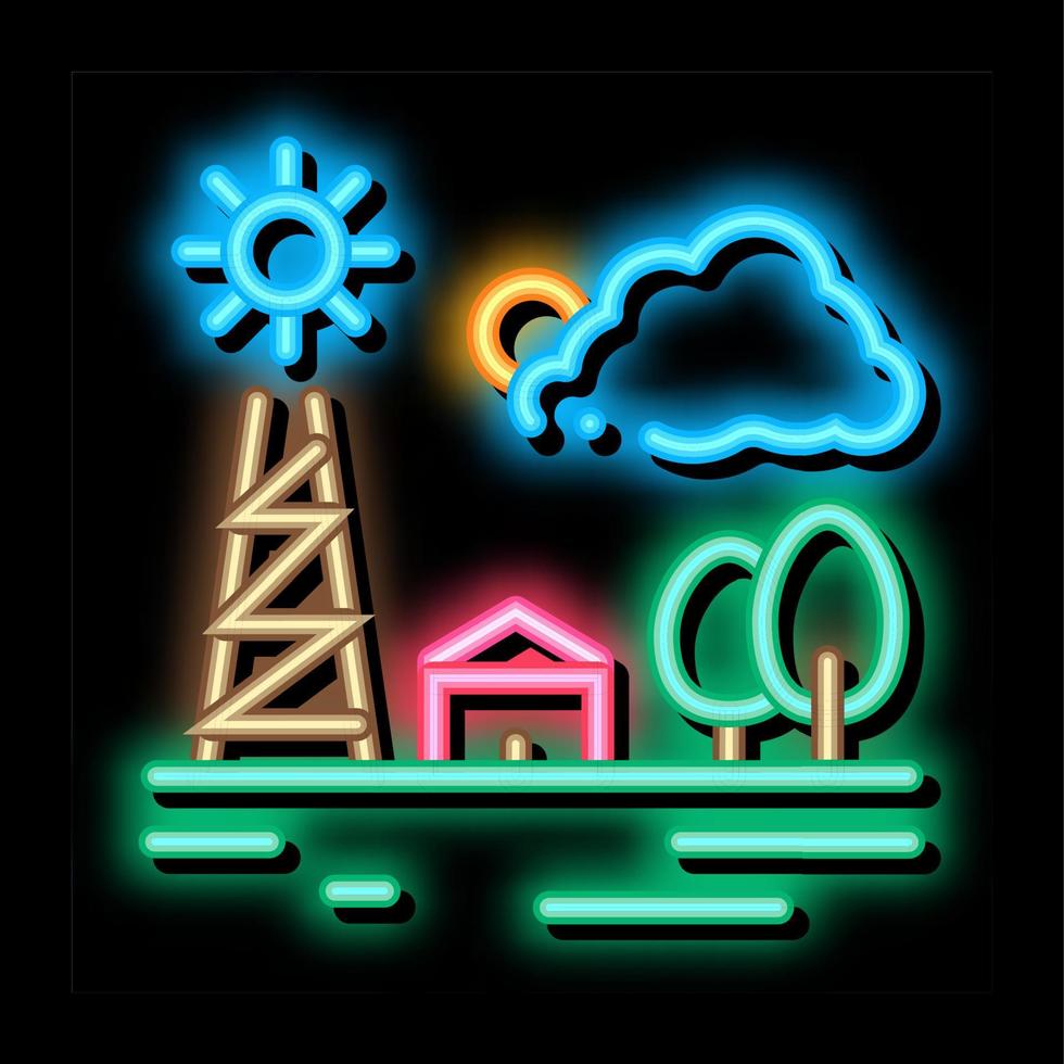 communication tower in village neon glow icon illustration vector