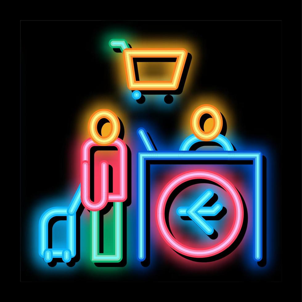 man with suitcase at checkout duty free neon glow icon illustration vector