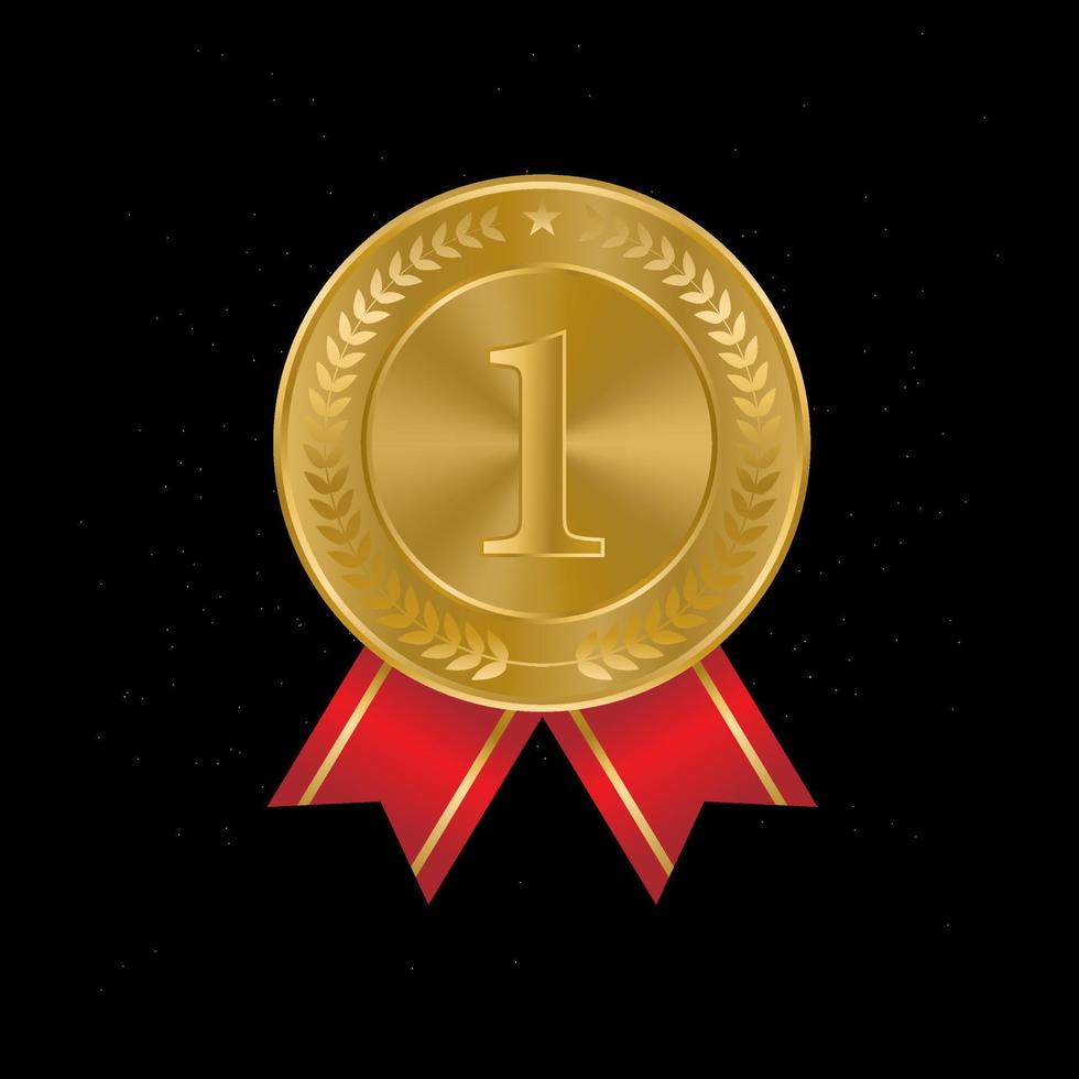 Award golden medals 3d realistic illustration. First place medals with laurel leaves. vector