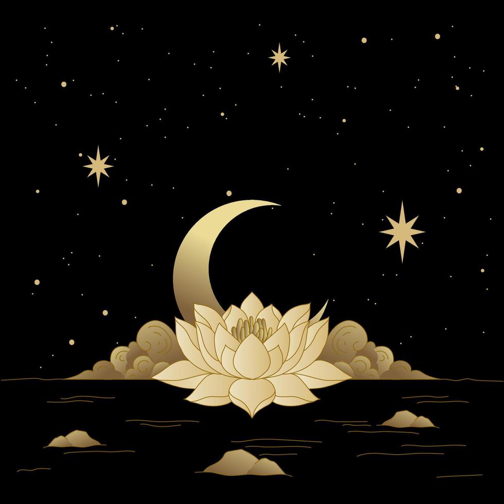 Crescent moon raising with lotus blooming flower vector