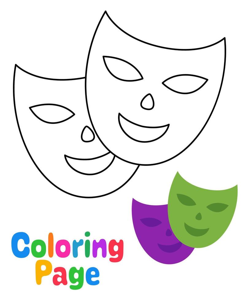 página para colorear con máscara feliz triste para niños vector