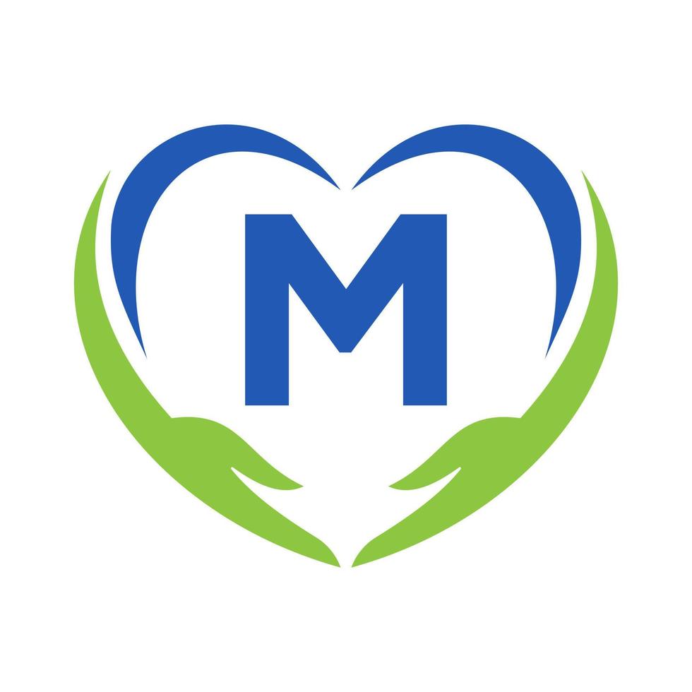 Hand Care Logo On Letter M. Charity Logotype, Healthcare Care, Foundation with Hand Symbol vector