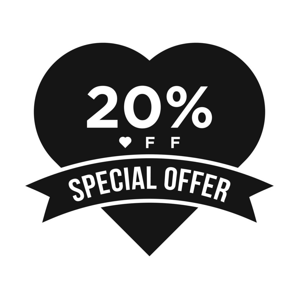 20 por ciento de descuento en banner de promoción de descuento de venta. oferta especial, evento, venta del día de San Valentín, plantilla de vector de etiqueta de descuento de vacaciones