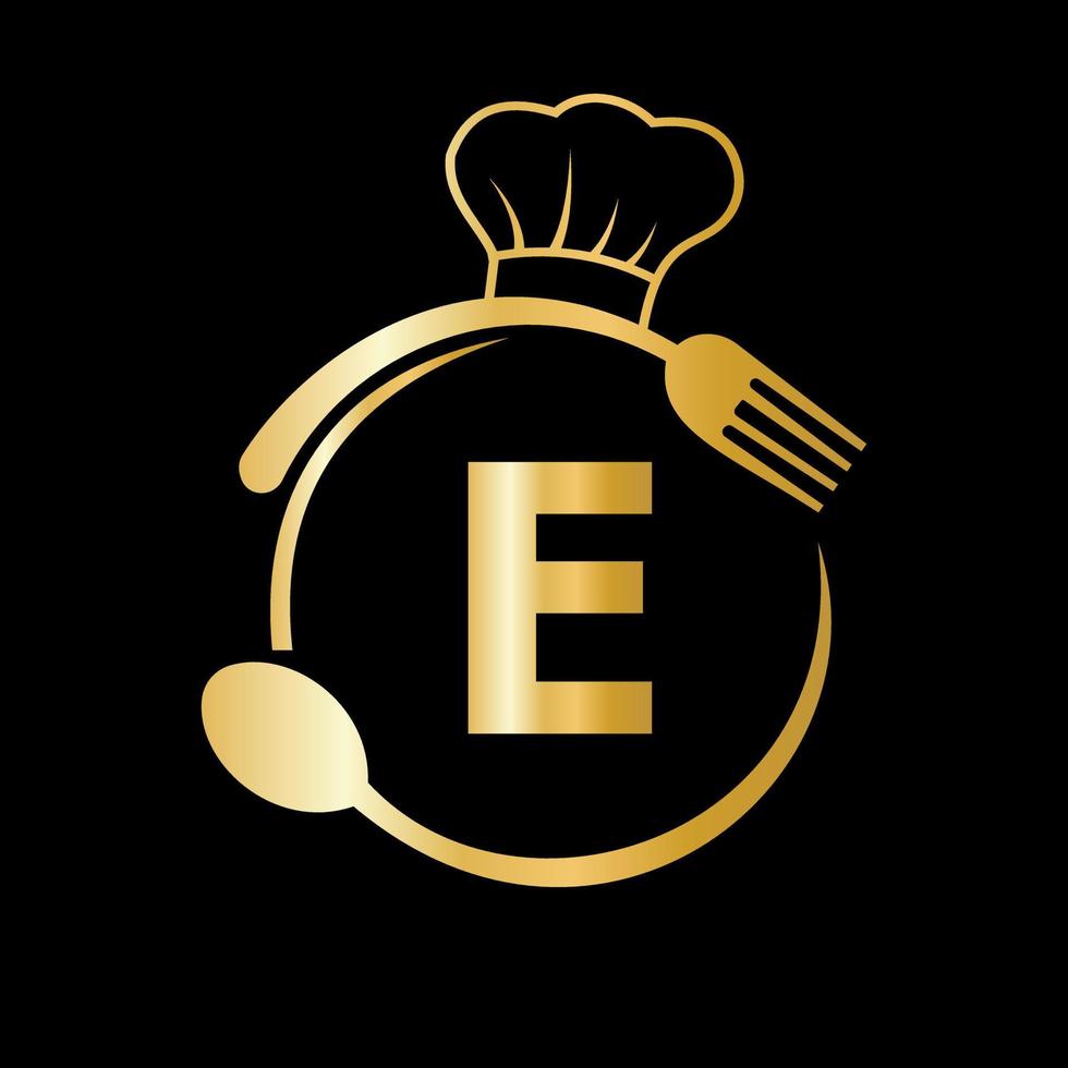 logotipo del restaurante en la letra e con sombrero de chef, símbolo de cuchara y tenedor para letrero de cocina, icono de café, restaurante, vector de negocio de cocina