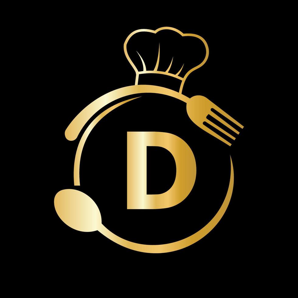 logotipo del restaurante en la letra d con sombrero de chef, símbolo de cuchara y tenedor para letrero de cocina, icono de café, restaurante, vector de negocio de cocina