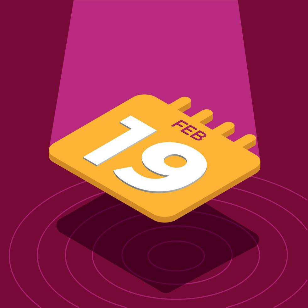 February 19th - Yellow 3D calendar floating with spotlight vector