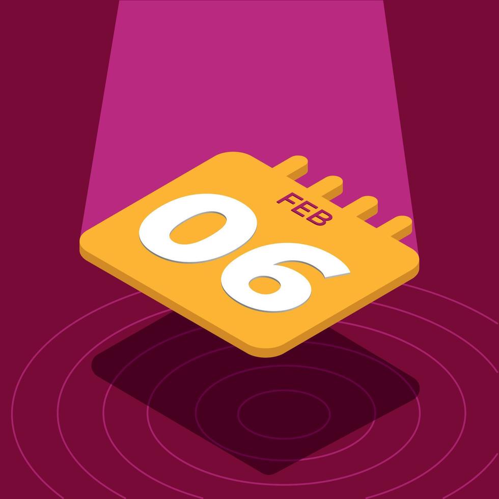 February 6th - Yellow 3D calendar floating with spotlight vector