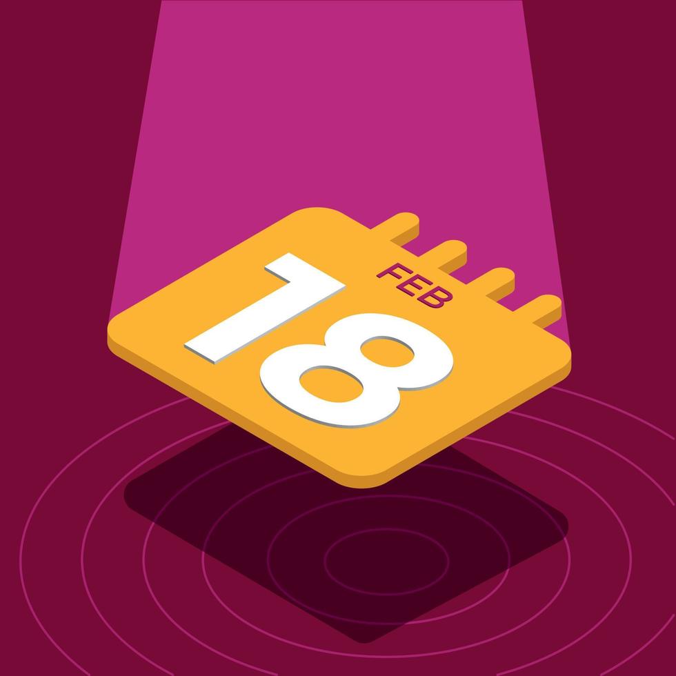 February 18th - Yellow 3D calendar floating with spotlight vector