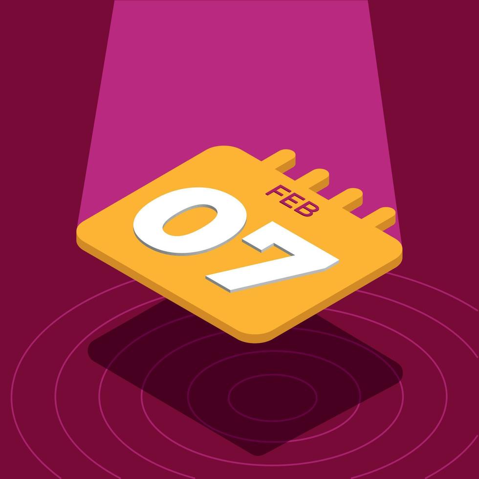 February 7th - Yellow 3D calendar floating with spotlight vector