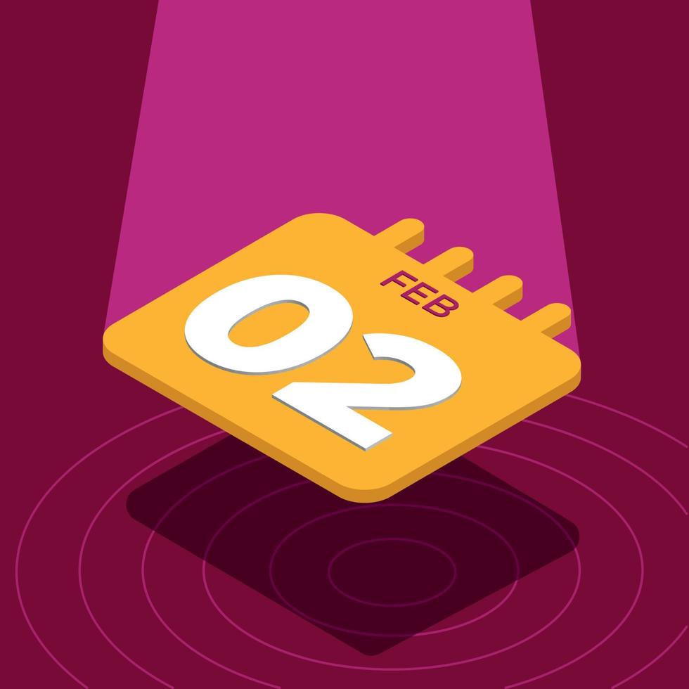 February 2nd - Yellow 3D calendar floating with spotlight vector