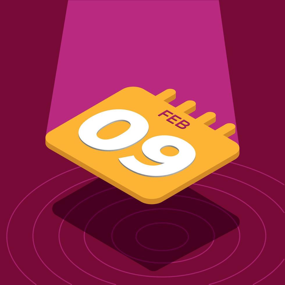 February 9th - Yellow 3D calendar floating with spotlight vector