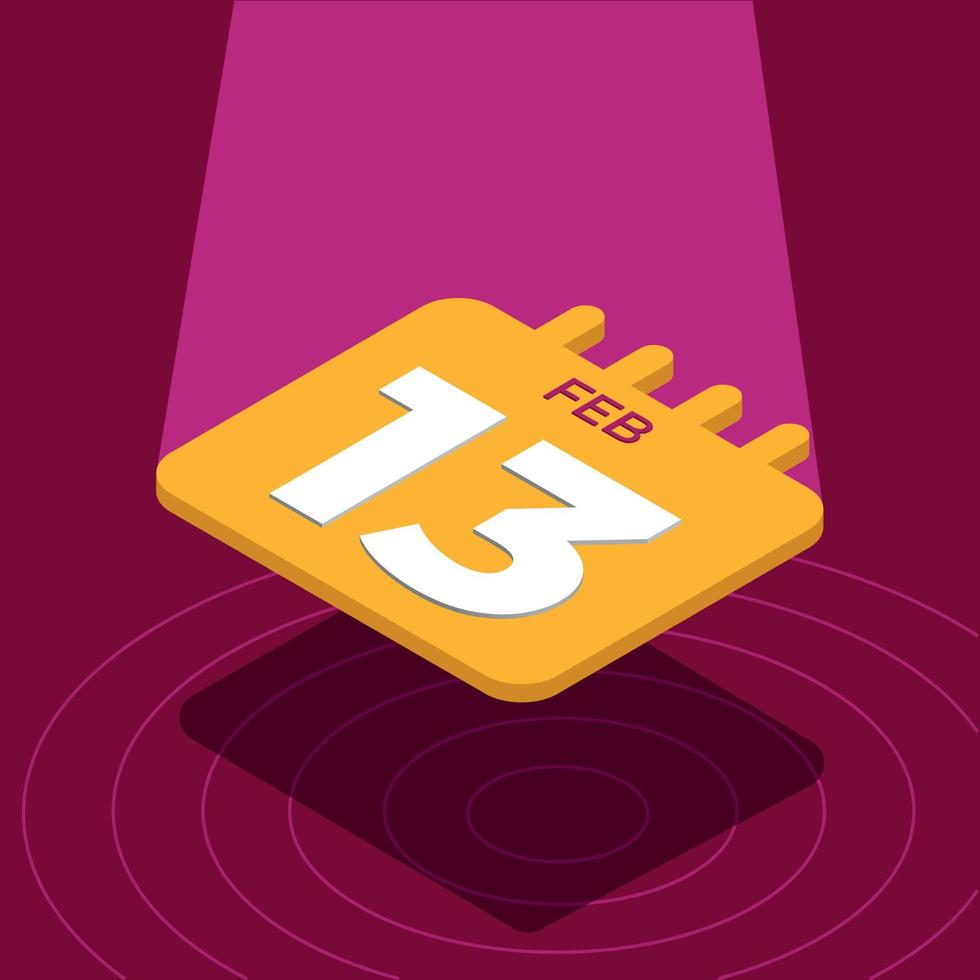 February 13th - Yellow 3D calendar floating with spotlight vector