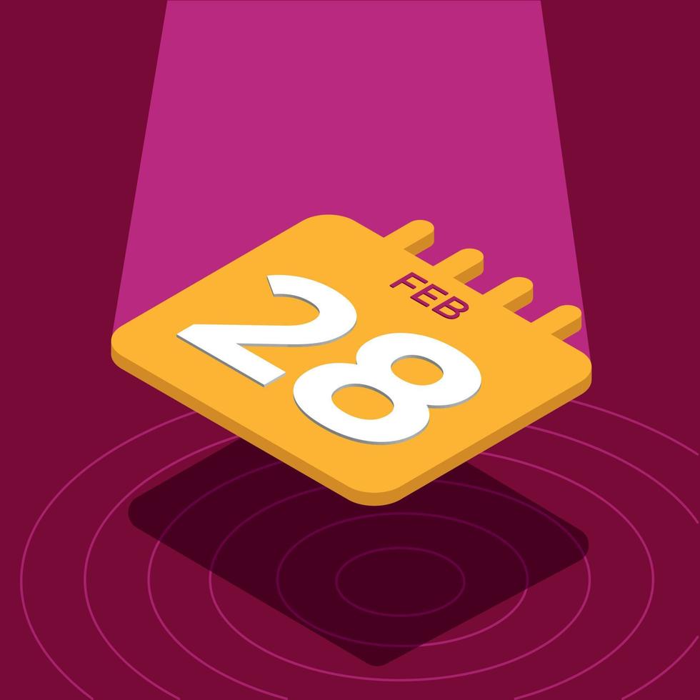 February 28th - Yellow 3D calendar floating with spotlight vector