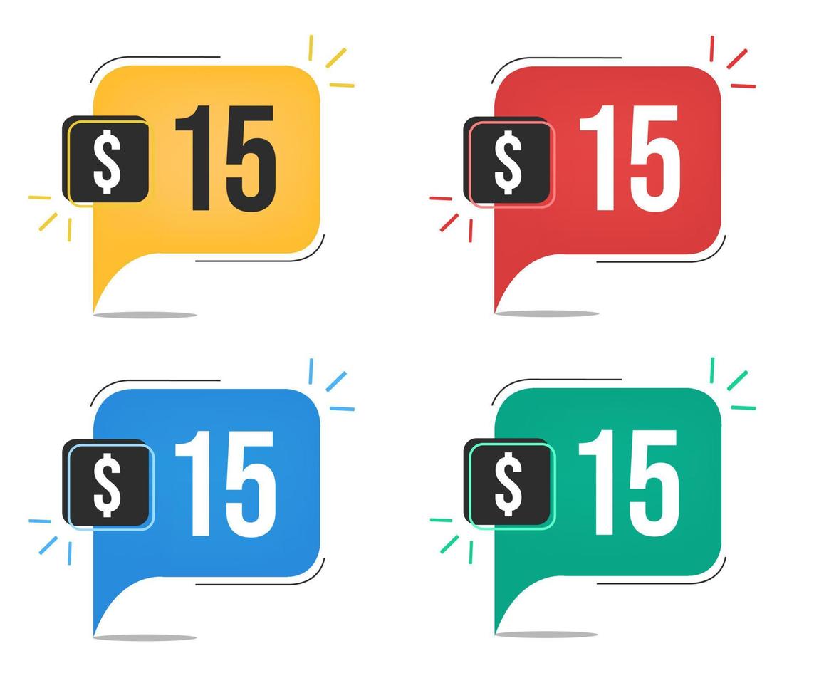 15 dollar price. Yellow, red, blue and green currency tags. Balloon concept with fifteen dollars for sales. vector