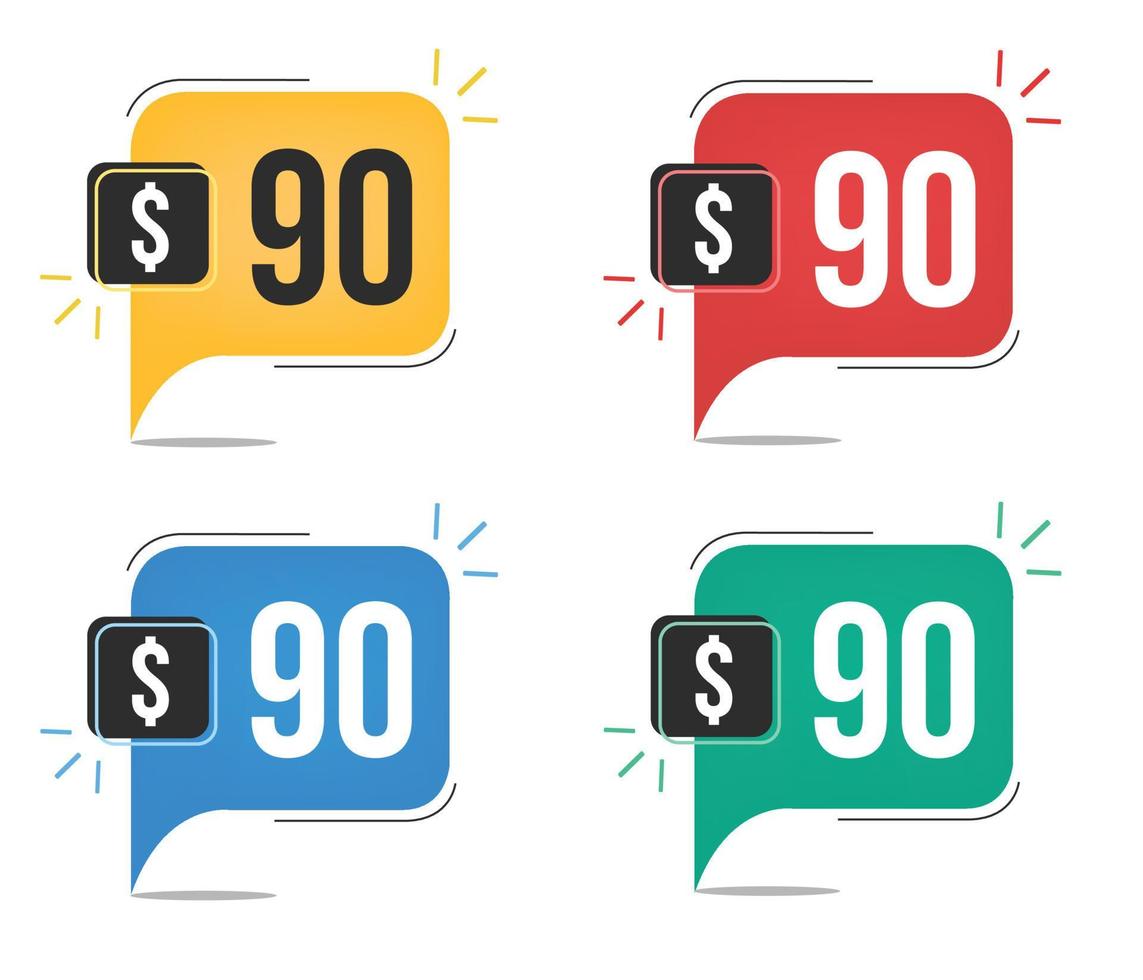 90 dollar price. Yellow, red, blue and green currency tags. Balloon concept with ninety dollars sales tag. vector