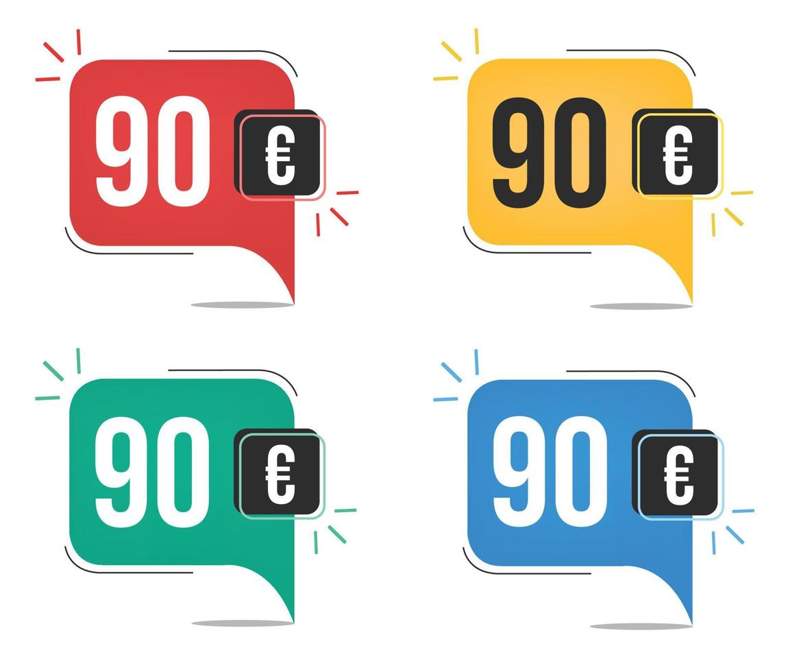Precio 90 euros. etiquetas de moneda amarillas, rojas, azules y verdes. concepto de globo con etiqueta de venta de noventa euros. vector