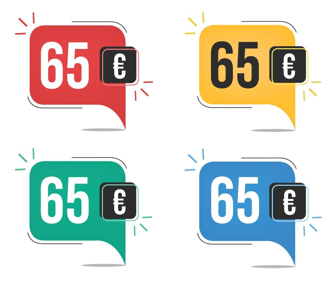 65 euro price. Yellow, red, blue and green currency tags. Balloon concept with sixty-five euros sales tag. vector