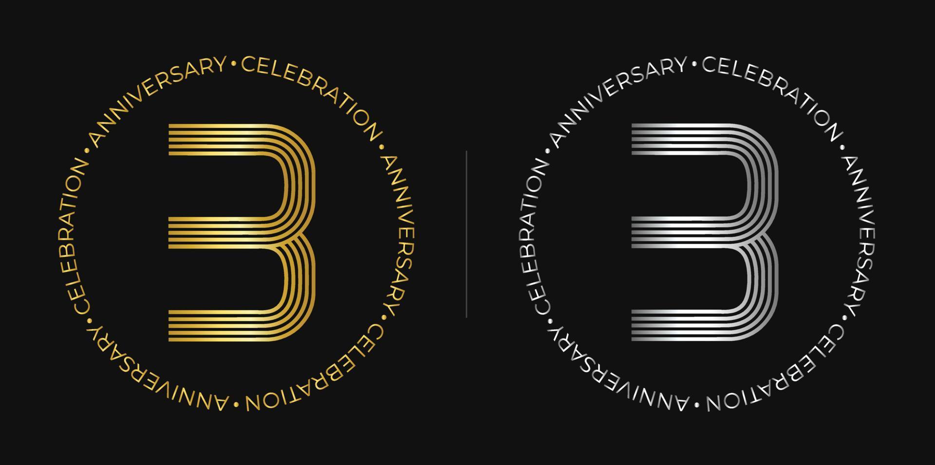 3er cumpleaños. Banner de celebración de aniversario de tres años en colores dorado y plateado. logotipo circular con diseño de número original en líneas elegantes. vector