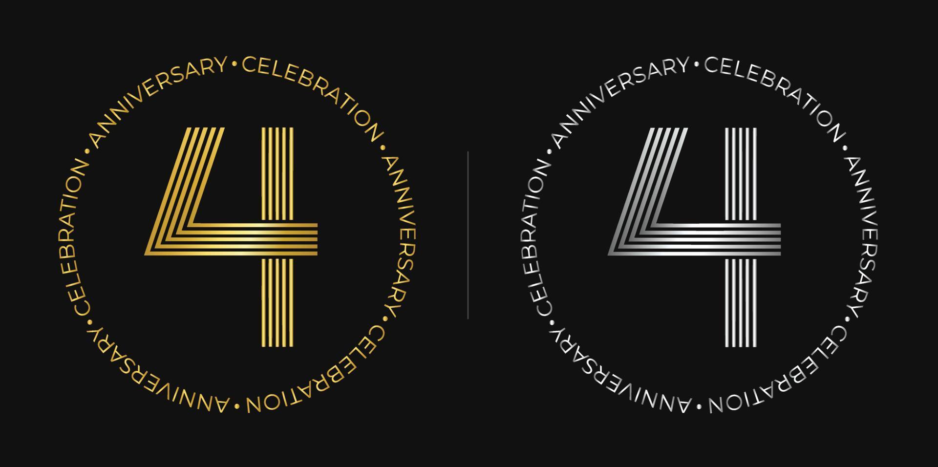 4th birthday.Four years anniversary celebration banner in golden and silver colors. Circular logo with original number design in elegant lines. vector