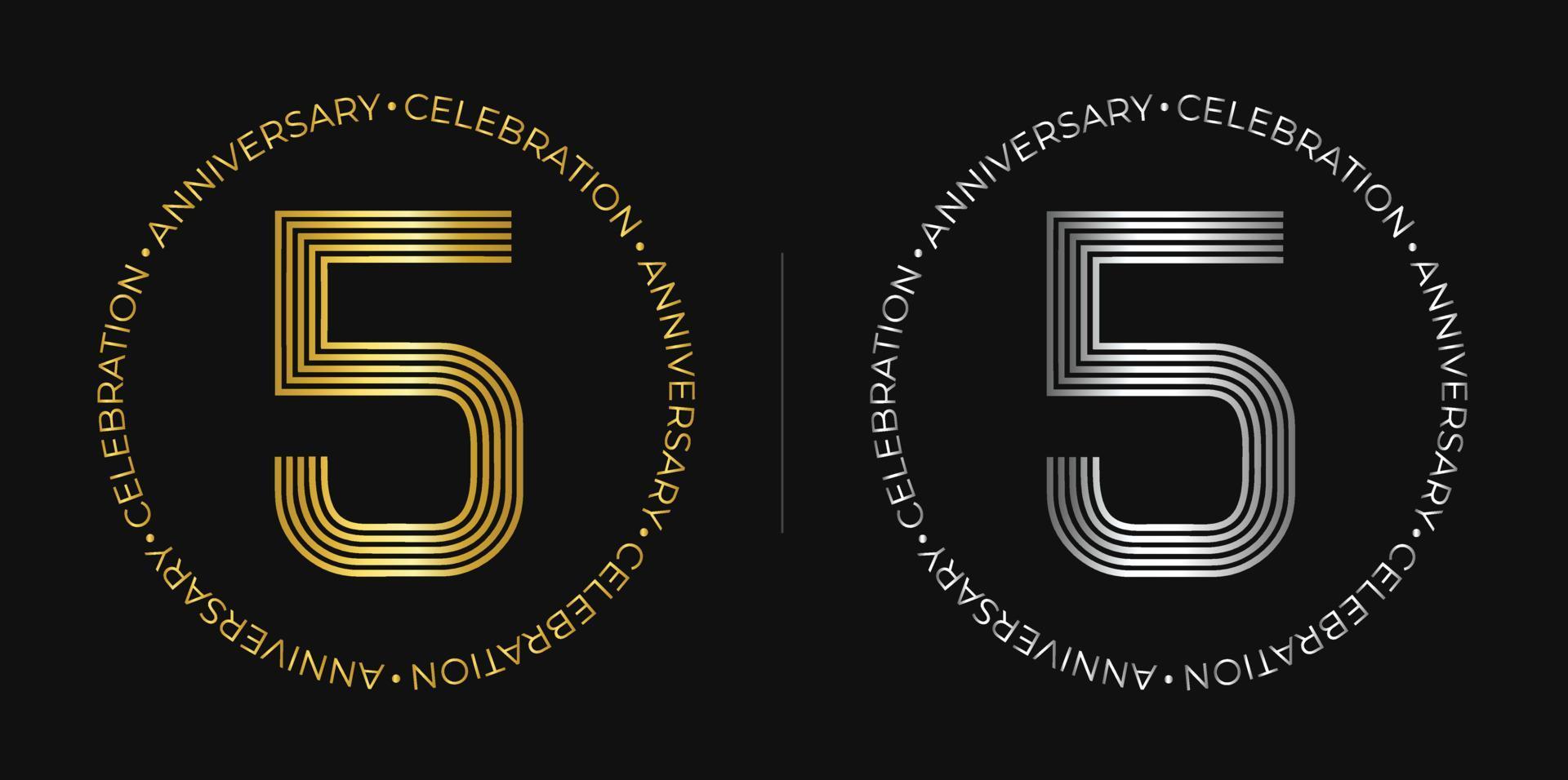 5th birthday.Five years anniversary celebration banner in golden and silver colors. Circular logo with original number design in elegant lines. vector