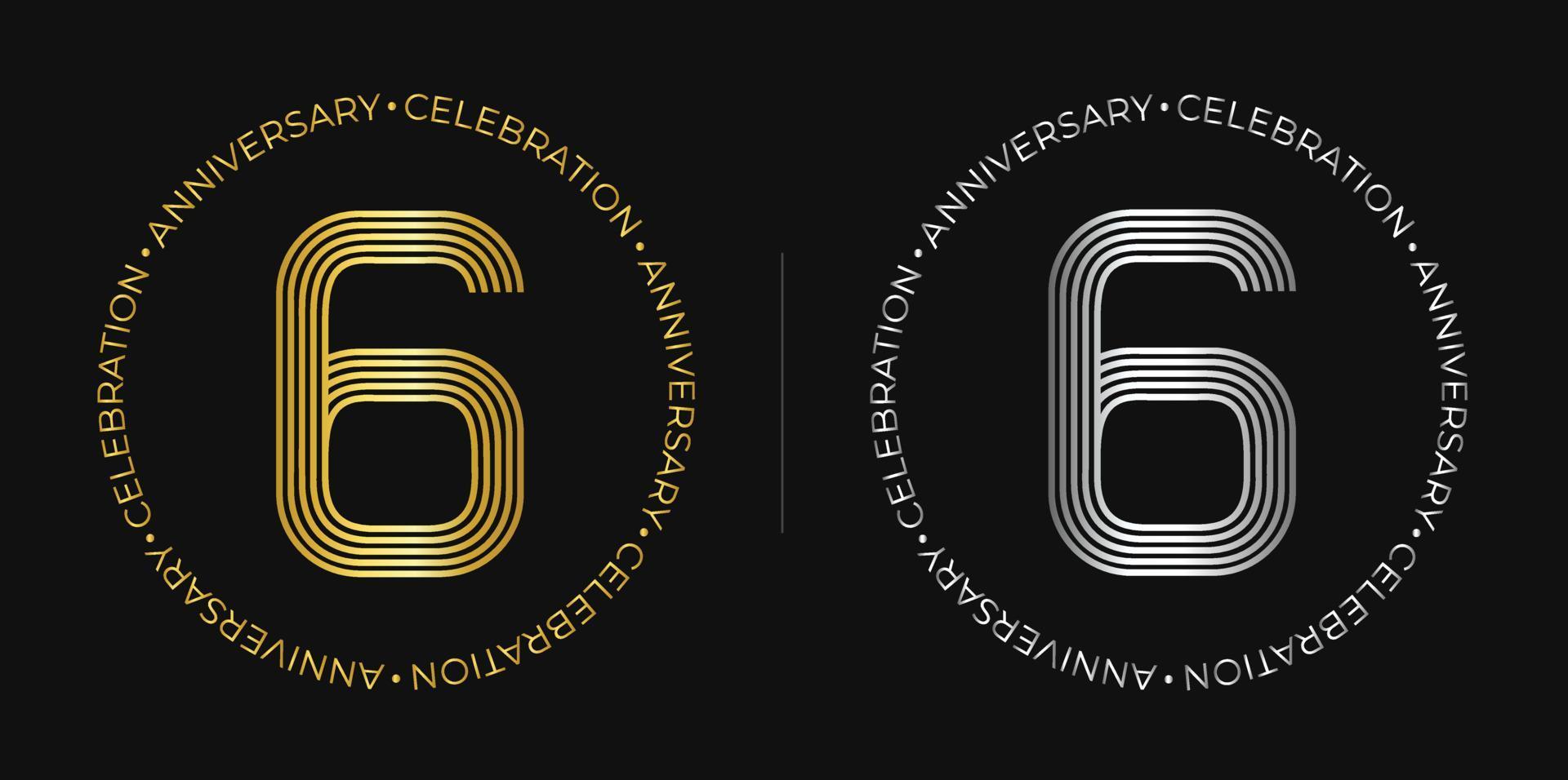 6th birthday. Six years anniversary celebration banner in golden and silver colors. Circular logo with original number design in elegant lines. vector