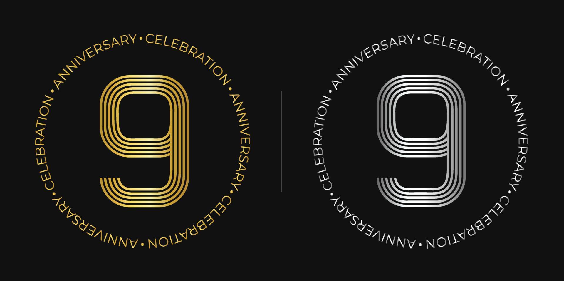 9º cumpleaños. Pancarta de celebración de aniversario de nueve años en colores dorado y plateado. logotipo circular con diseño de número original en líneas elegantes. vector
