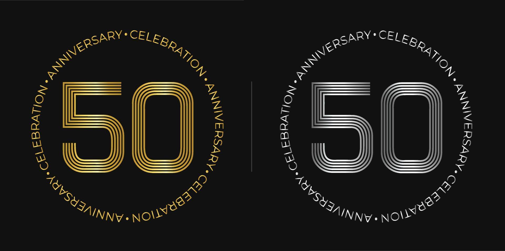 50th birthday. Fifty years anniversary celebration banner in golden and silver colors. Circular logo with original numbers design in elegant lines. vector