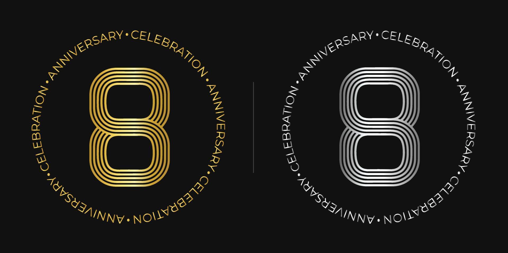 8vo cumpleaños. Banner de celebración de ocho años en colores dorado y plateado. logotipo circular con diseño de número original en líneas elegantes.s vector