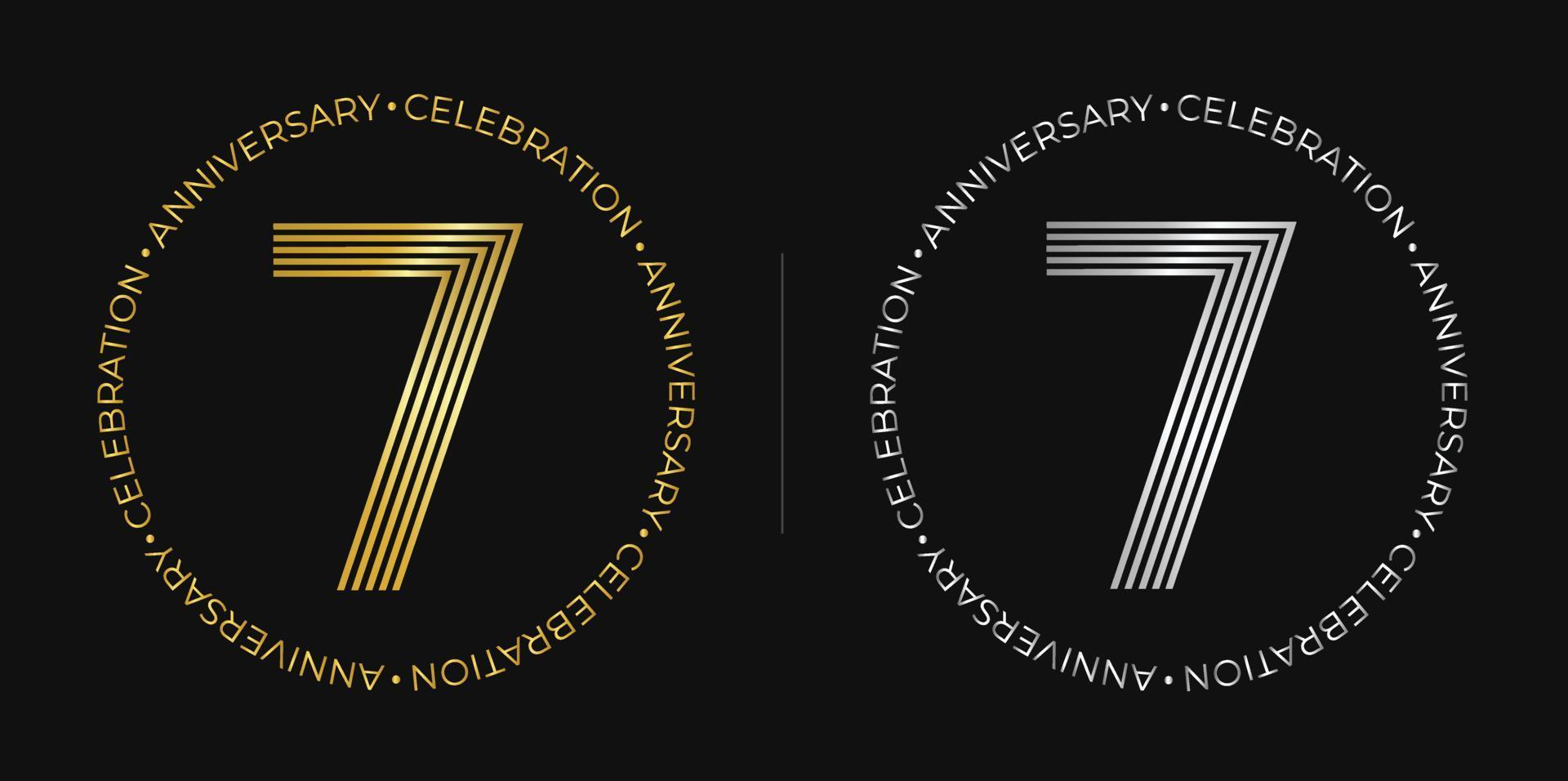 7th birthday. Seven years anniversary celebration banner in golden and silver colors. Circular logo with original number design in elegant lines. vector