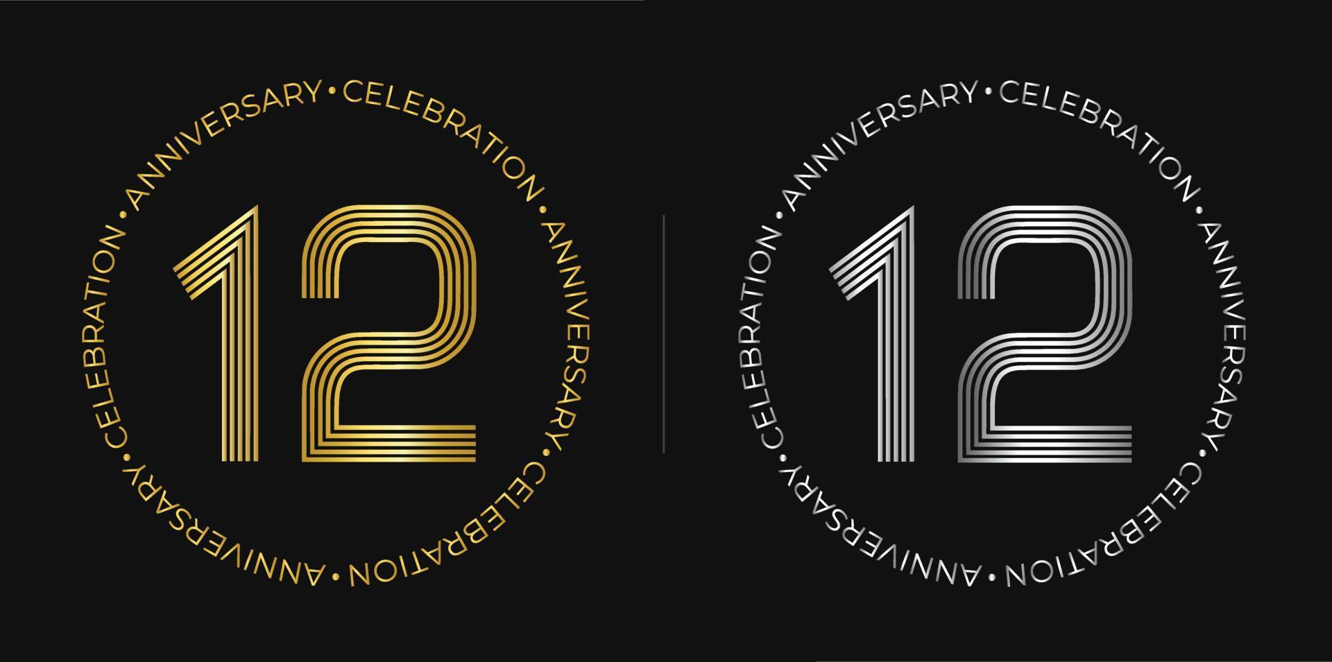 12th birthday. Twelve years anniversary celebration banner in golden and silver colors. Circular logo with original numbers design in elegant lines. vector